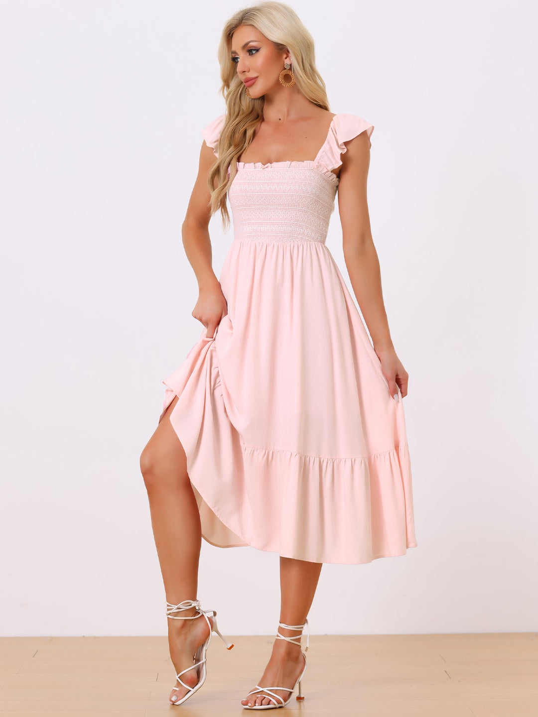 Bella Women's Midi Dress | Flowy Polyester, Square Neck Design - 24