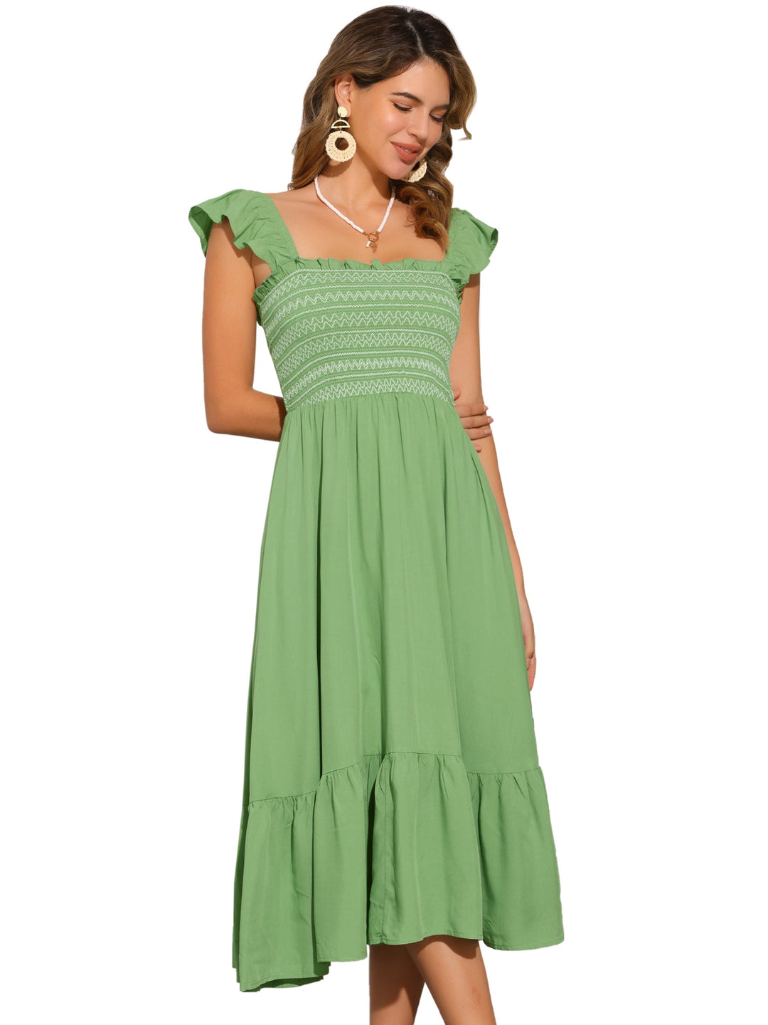 Bella Women's Midi Dress | Flowy Polyester, Square Neck Design - 48