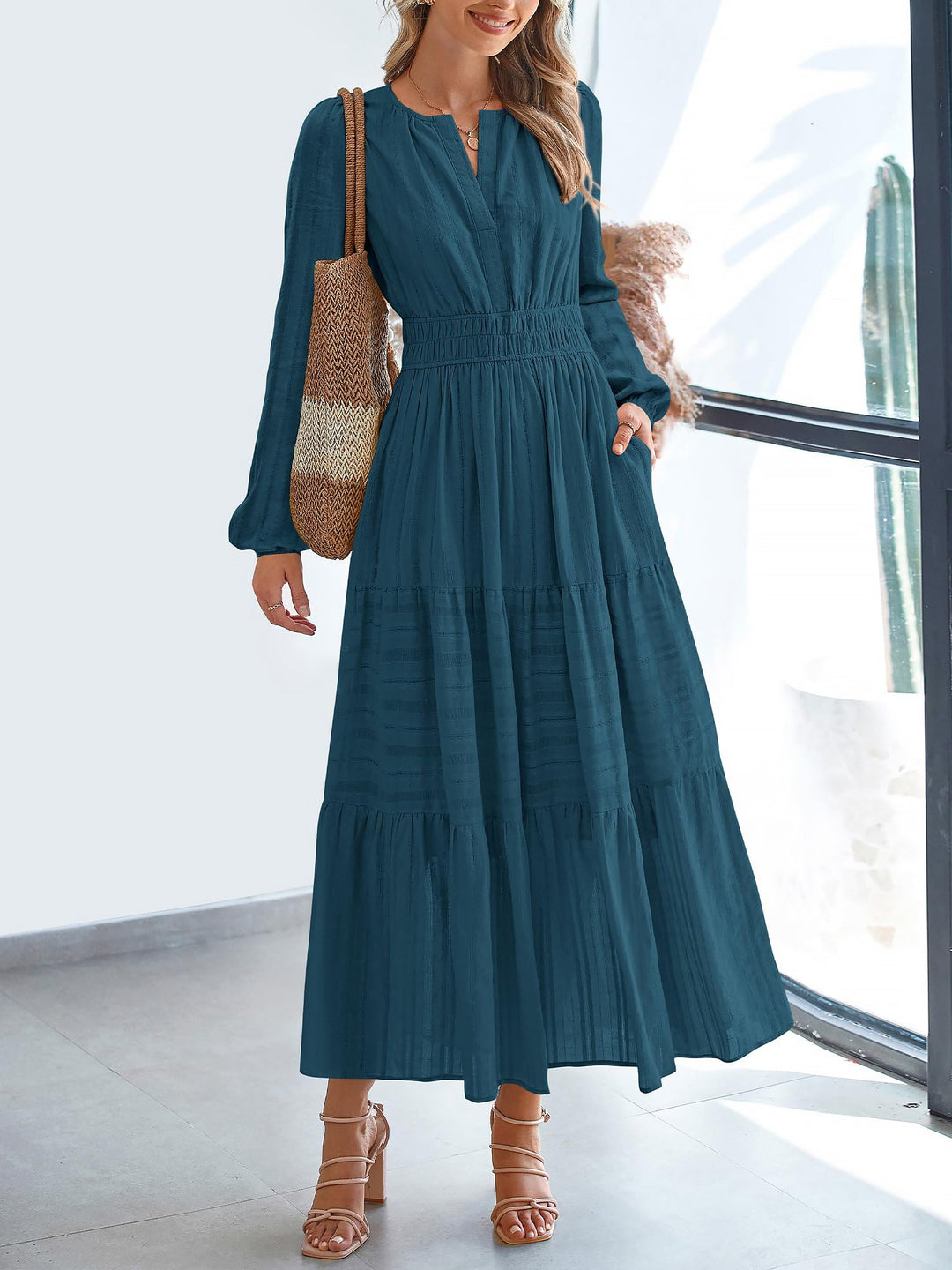 Nora Women's Maxi Dress | 100% Cotton, Casual Tiered A-Line - 1